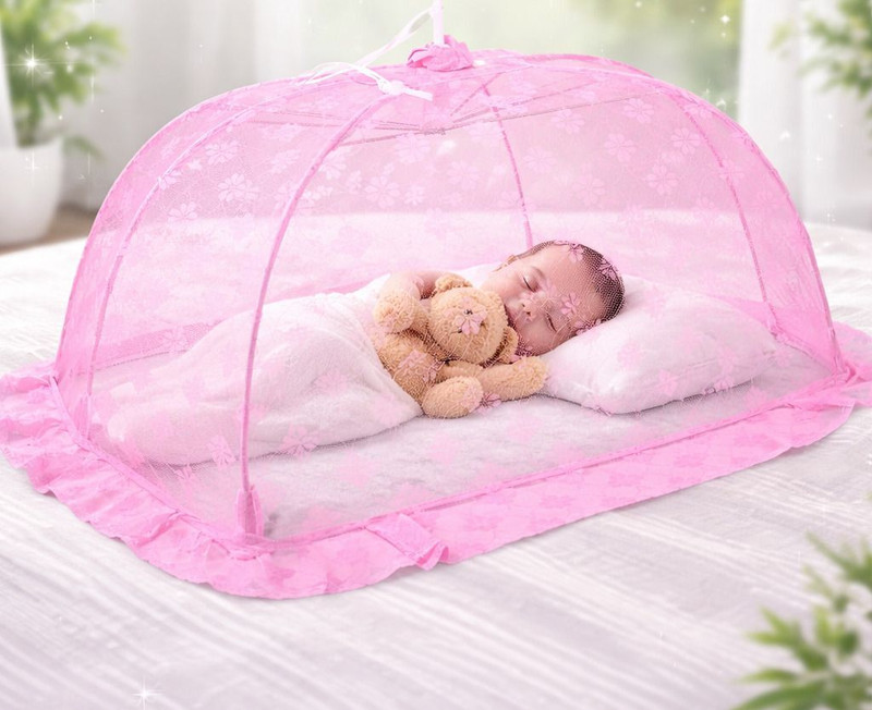 ZIMBLE Umbrella Mosquito Net for New Born Baby Safe Sleep. protection from mosquito, Nylon Washable Kids Mosquito Net(Pink, Frame Hung)