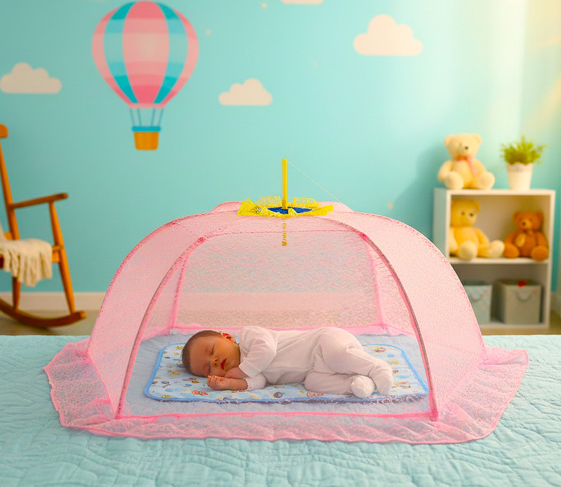 TWINKLE CARE BABY M0SQUITO NET FULL BODY WORK WITH ZARI FLOWER DESIGNE (L50xW30) Polyester Washable Kids Mosquito Net(Pink, Frame Hung)