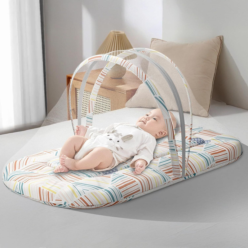 StarAndDaisy 3 in 1 Mosquito Net with Mattress for Newborn Comfortable Baby Bed for 0-6 Month Nylon Washable Infants Mosquito Net(Multicolor, Tent)
