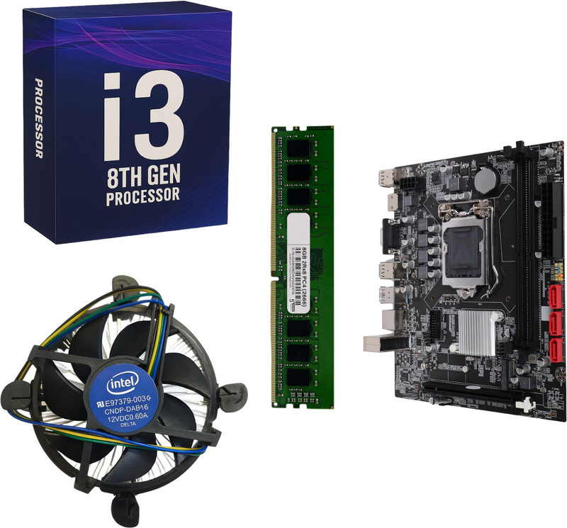 GLOBAL TOUCH i3 8100 CPU + 8GB DDR4 RAM + Motherboard Combo With CPU Fan LGA1151Socket ATX Intel H110 Chipset DDR4 Motherboard for Desktop