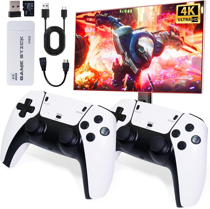 SSR Plug & Play Video TV Game | 4K Ultra HD Stick with Wireless Controllers for Kids 64 GB with 20000+ Games Built-in(White)