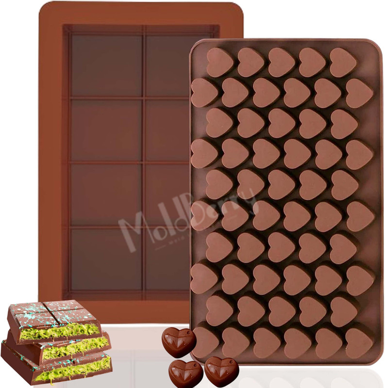 MoldBerry Silicone Chocolate Mould Silicone Chocolate Bar Mould + Flower & Heart Shape Chocolate Mould Set | Food-Grade, Non-Stick, Flexible Candy & Baking Tray | Freezer & Microwave Safe(Pack of 2)
