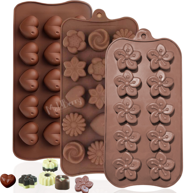 MoldBerry Silicone Chocolate Mould Flower & Heart Shape | Food Grade Reusable Mold(Pack of 3)