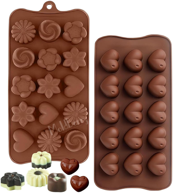 MoldBerry Silicone Chocolate Mould Set of 2 | Heart & Flower Shape Candy Molds for Chocolate, Jelly, Gummies | Flexible, Non-Stick, Reusable Baking Trays | Mini Silicone Molds for DIY Sweets(Pack of 2)