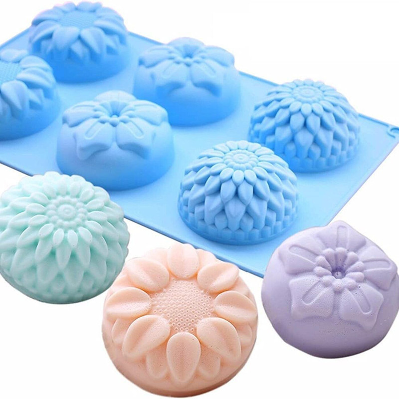 RHHG E COM Silicone Cupcake/Muffin Mould Silicone Flower Shaped 6 Cavity Soap Mould Tray | Floral Soap Mold for Handmade Soaps | Silicone Molds for Lotion Bars, Bath Bombs, Beeswax, Resin, Chocolates & Desserts - Pack of 1 (Mixed Flower -3)(Pack of 1)