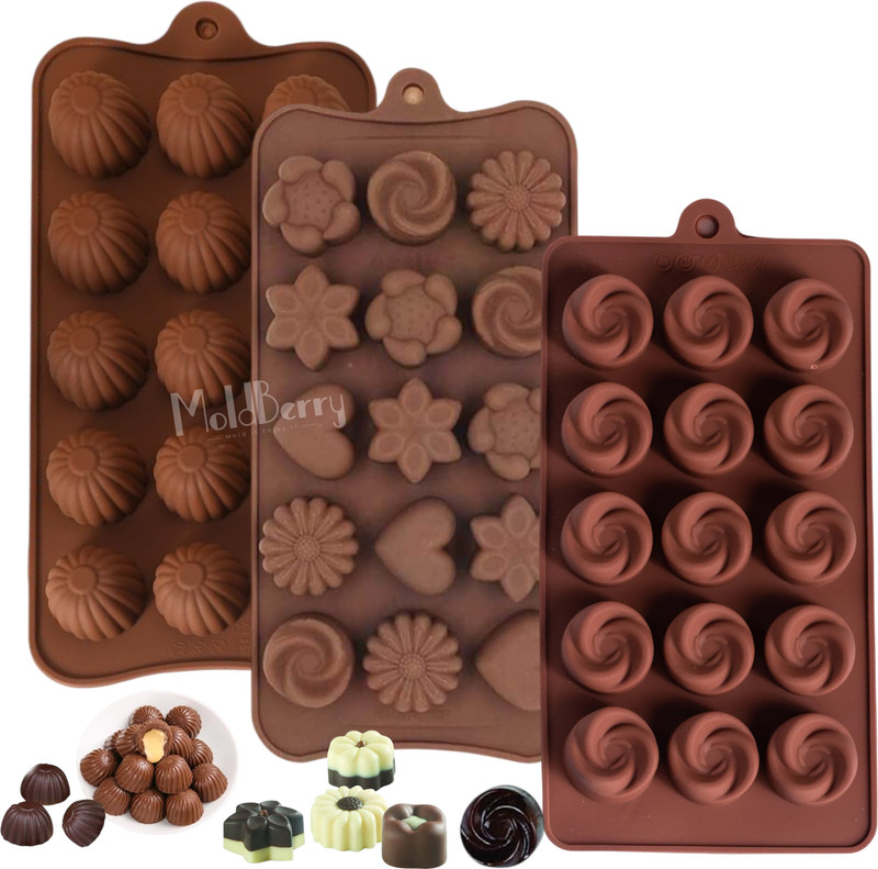 MoldBerry Silicone Chocolate Mould MoldBerry 3-Piece Silicone Chocolate Mould Combo |Bon-Bon shapes, Mix Flower, & Swirl Shapes | Reusable Ice, Candy, Jelly & Soap Moulds (Brown)(Pack of 3)