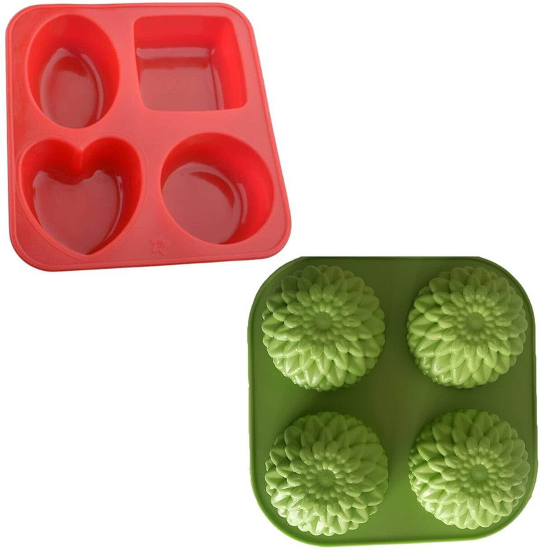 HIRCHHAYA Silicone Cupcake/Muffin Mould Silicone Soap Mould Combo Set – 2 Pcs Flower, Heart, Circle, Oval, Square Shapes for Handmade Soap, Cake, Bath Bomb(Pack of 2)