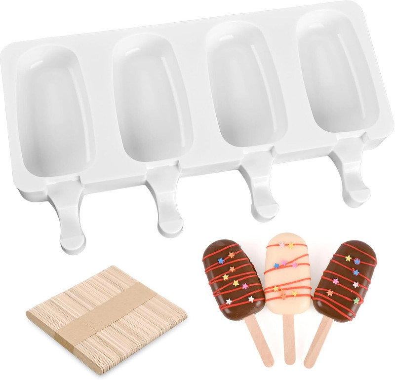 UNDY Silicone Chocolate Mould 4 Cavity Oval Popsicle Maker with 50 Wooden Sticks | Food Grade & BPA Free Reusable Ice Cream Bar Mould for DIY Cakes, Chocolates & Desserts (White)(Pack of 1)