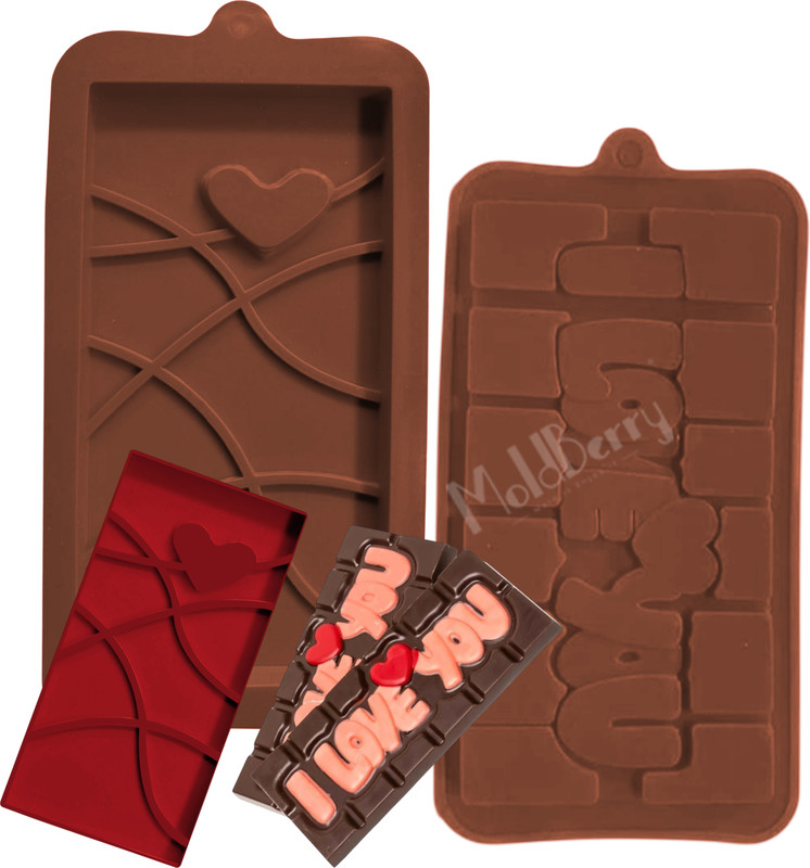 MoldBerry Silicone Chocolate Mould "Silicone Chocolate Bar Mold Set for DIY Chocolate Making | Heart Lines Decorative Pattern & Raised LOVE Message Mold | Heat-Resistant, Non-Stick, Flexible Food-Grade Silicone | Pack of 2"(Pack of 2)