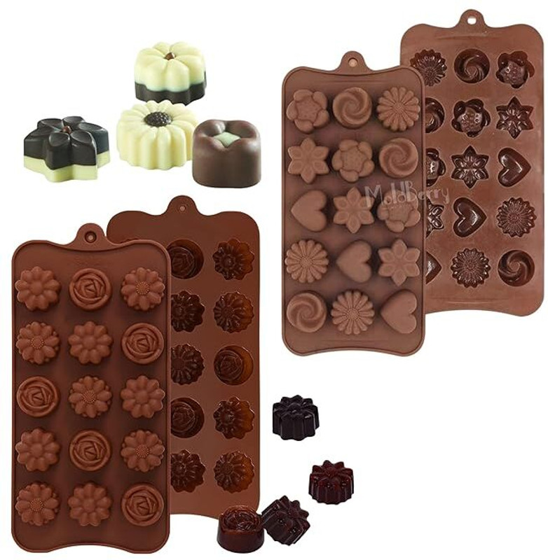 MoldBerry Silicone Chocolate Mould Pack of 2-15 Cavity Silicone Different Flower Shape Chocolate Mould | Non Stick Flexible Candy Jelly Moulds for Homemade Chocolates, Desserts, Ice Cubes, DIY Baking & Gift Making Tray(Pack of 2)