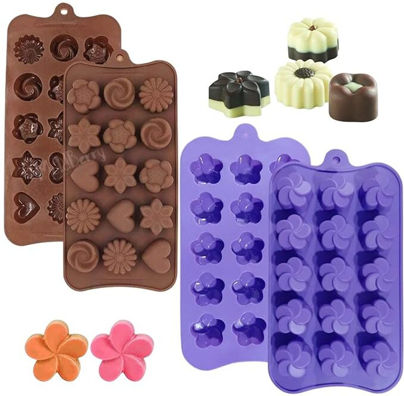 MoldBerry Silicone Chocolate Mould 15 Cavity Silicone Different Flower Shape Chocolate Moulds Pack of 2 | Non-Stick, Flexible, Reusable Mould for Homemade Chocolates, Jelly, Candy, Ice, DIY Baking & Gift Making(Pack of 2)