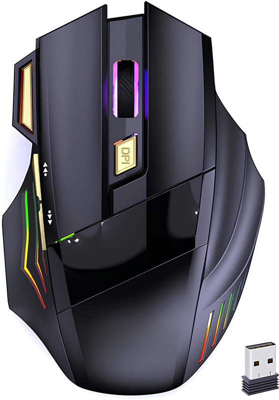 CLUSPEX 7 Color RGB LED Lighting, 7 Buttons with Fire Key, DPI up to 3200 Gold Ambidextrous Optical Gaming Mouse(2.4GHz Wireless, Black)