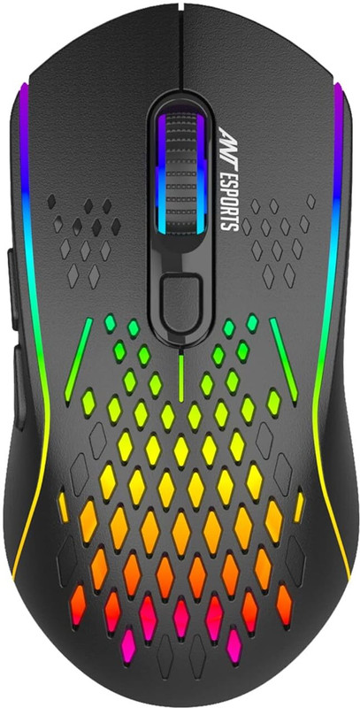 Ant Esports GM700 Ambidextrous Optical Gaming Mouse Rechargeable with Honeycomb Shell,11 Led Light Modes, 4 Adjustable DPI(2.4GHz Wireless, Black)