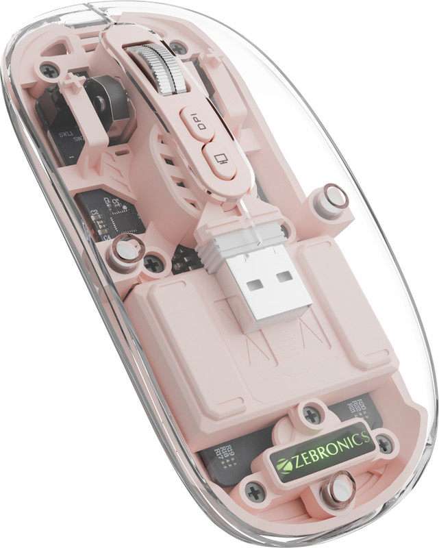 ZEBRONICS Sheer Ambidextrous Optical Mouse Rechargeable Wireless Mouse, Silent Dual BT, RGB, Transparent Body(2.4GHz Wireless, Bluetooth, Pink)