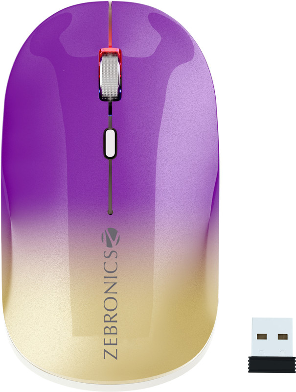 ZEBRONICS Poise Ambidextrous Optical Mouse Rechargeable Wireless Mouse ,1600DPI, Silent Ergonomic, 4 Buttons(2.4GHz Wireless, Bluetooth, Gradient Purple)