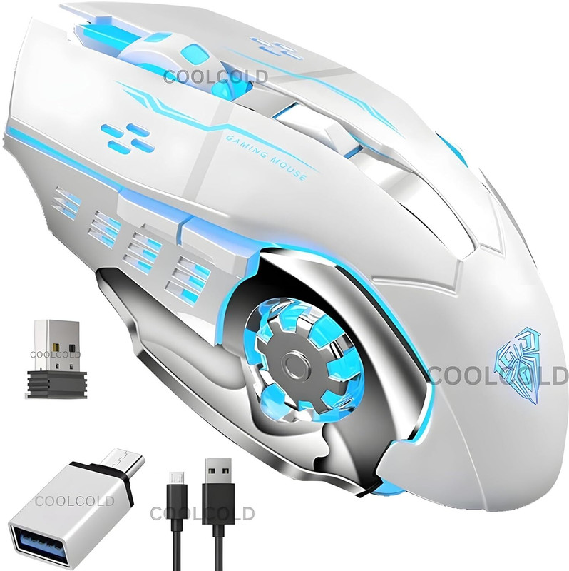 coolcold Gaming Mouse | Rechargeable, Wireless Gaming Mouse | with Type c OTG Dongle Ambidextrous Optical Gaming Mouse(2.4GHz Wireless, White)