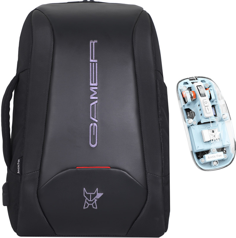 Arctic Fox Kobra Anti Theft Black Backpack and Pureview Transparent Wireless Mouse Blue Ambidextrous Optical  Gaming Mouse(2.4GHz Wireless, Bluetooth, Space Blue, Black)