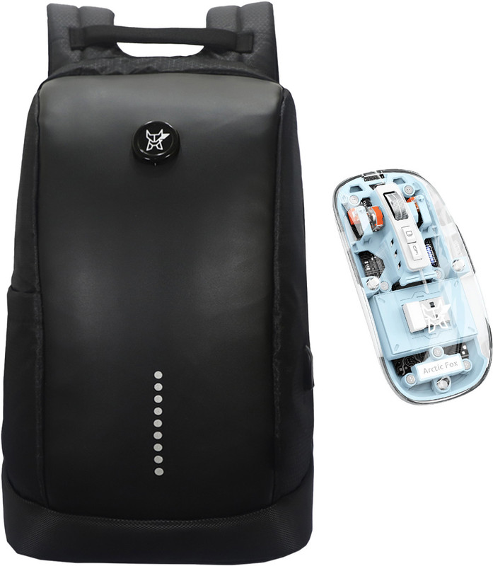 Arctic Fox Slope Anti Theft Black Backpack and Pureview Transparent Wireless Mouse Blue Ambidextrous Optical Gaming Mouse(2.4GHz Wireless, Bluetooth, Space Blue, Black)