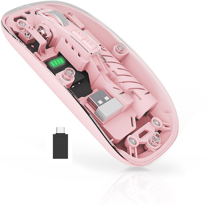 RETRACK Transparent Wireless Mouse with Dual Connectivity (2.4GHz + Bluetooth 5.2) RGB Ergonomic Optical Mouse(2.4GHz Wireless, Bluetooth, Pink)
