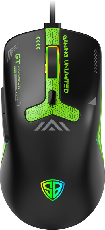 SpinBot Clutch GT500 Wired Ergonomic Optical Gaming Mouse 3600 DPI Gaming Sensor|6 Button|Rainbow Breathing effect|70gm(USB 2.0, Black, Green)