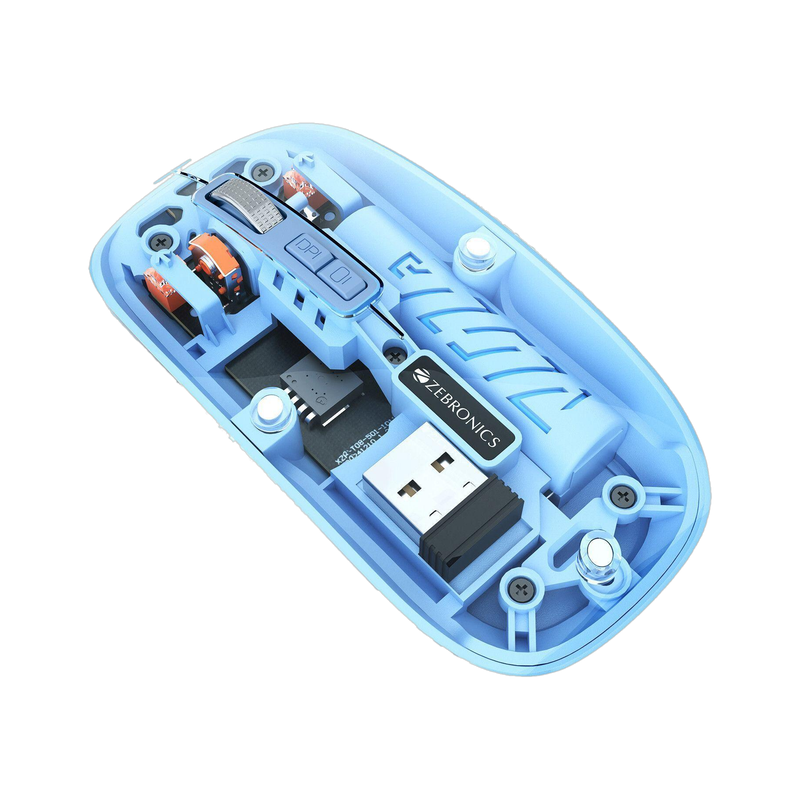 ZEBRONICS Glassy 10 Ambidextrous Optical Mouse Upto 1600 DPI, 5 Buttons, Type-C Charging, Comfortable & Ergonomic(2.4GHz Wireless, Bluetooth, Blue)