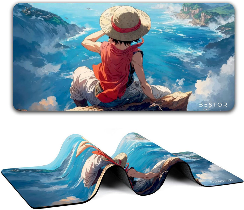Bestor Anime Series Mouse Pad-Luffy Ocean Cliff Design Mouse Mat 60cmx34cm Non Slip Base Mousepad(Sky Blue)