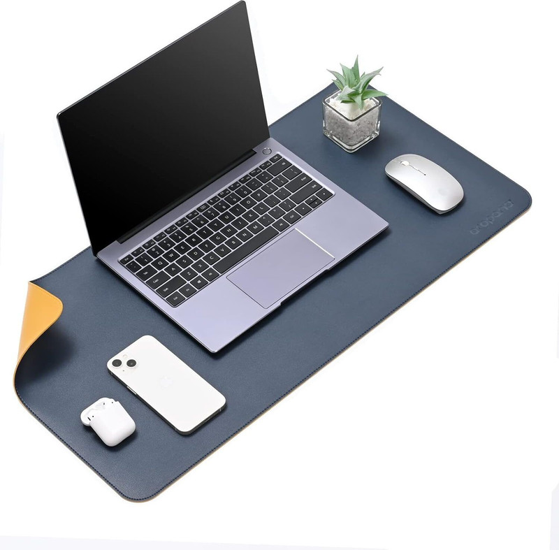 ApexGrip Anti-Slip Leather Base Dual Sided With Belt Keyboard Mouse Pad,Desk Mat Non Slip Base Mousepad(NBlue&Yellow)