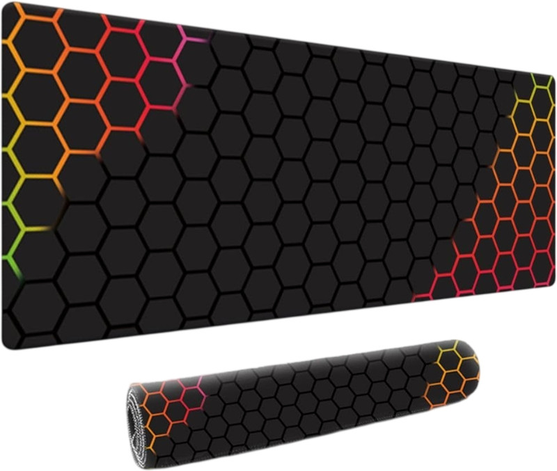 Dyazo Plus Hexagonal Pattern Desk Mat Water-Resistant with Rubber Stitched Edges Non Slip Base Mousepad(Black & Orange)