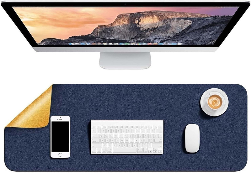 Dyazo Plus Vegan PU Leather Large Desk Mat Water Resistant for Work/Office/Gaming Non Slip Base Dual Sided Mousepad(Navy Blue & Yellow)