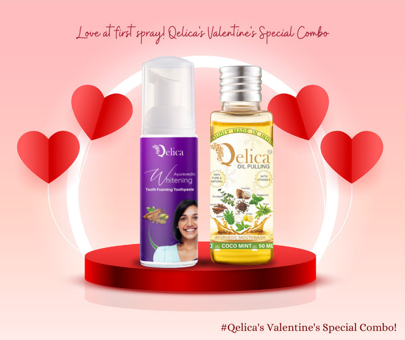Qelica Ayurvedic Oil Pulling 50ml (Coco Mint) & Teeth Whitening Foam 60ml (Mint) Combo - Mint, Coco Mint(110 ml)