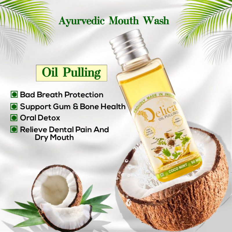 Qelica Ayurvedic Oil Pulling Mouthwash For Bad Breath, Detoxification, Oral Hygiene - Coco Mint(50 ml)