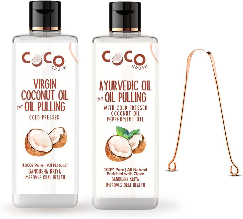 COCO CRUSH Natural Coconut & Peppermint Clove Oil Pulling Oils with Tongue Cleaner (2x50ml) - Coconut Oil, Peppermint Oil, Clove Oil(100 ml)