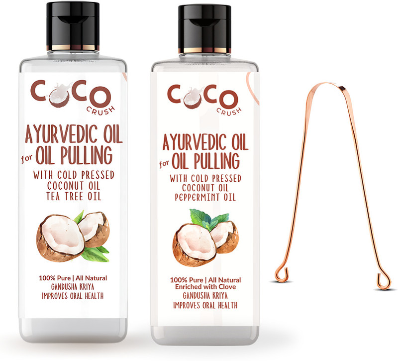 COCO CRUSH Copper Tongue Cleaner & Ayurvedic Oil Pulling Set - Tea Tree, Clove (2x50ml) - Coconut Oil, Tea Tree Oil, Peppermint Oil, Clove Oil(100 ml)