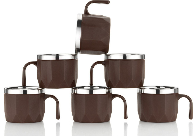 MAGICSPOON Stainless Steel, Plastic Tea Cup Set, Coffee Cup (Brown,100ml,Pack of 6) Stainless Steel Coffee Mug(100 ml, Pack of 6)