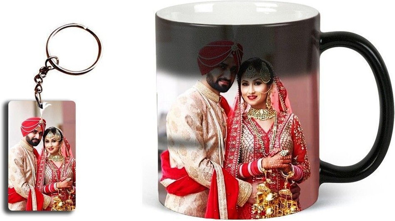 Friendskart Personalized Photo and Text Ceramic / Cup For Birthday , Anniversary Gift Magic + KEYCHAIN Ceramic Coffee Mug(330 ml, Pack of 2)