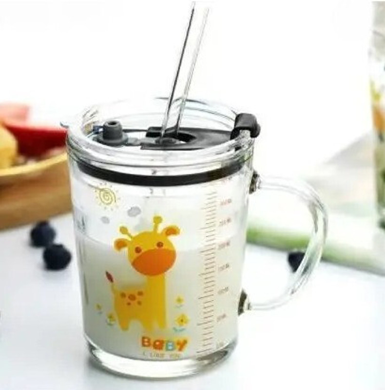 MMTSWorld Cartoon Printed Milk Glass Sipper Jar Silicone Straw & Lid Glass Mason Jar Glass Coffee Mug(350 ml)