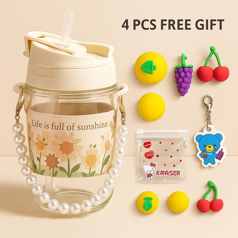 jMilan Cute Printed Glass Sipper Bottle with Straw & Pearl Handle(Transparent with Floral Print)