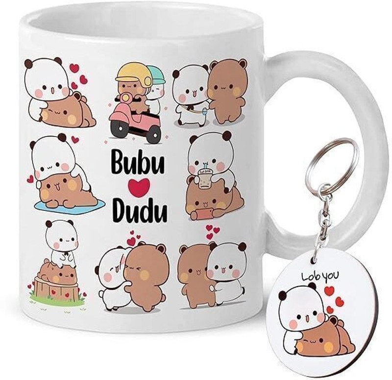 Haniza Bubu Dudu Printed Ceramic WITH KEYCHAIN SET 2 Ceramic Coffee Mug(350 ml, Pack of 2)