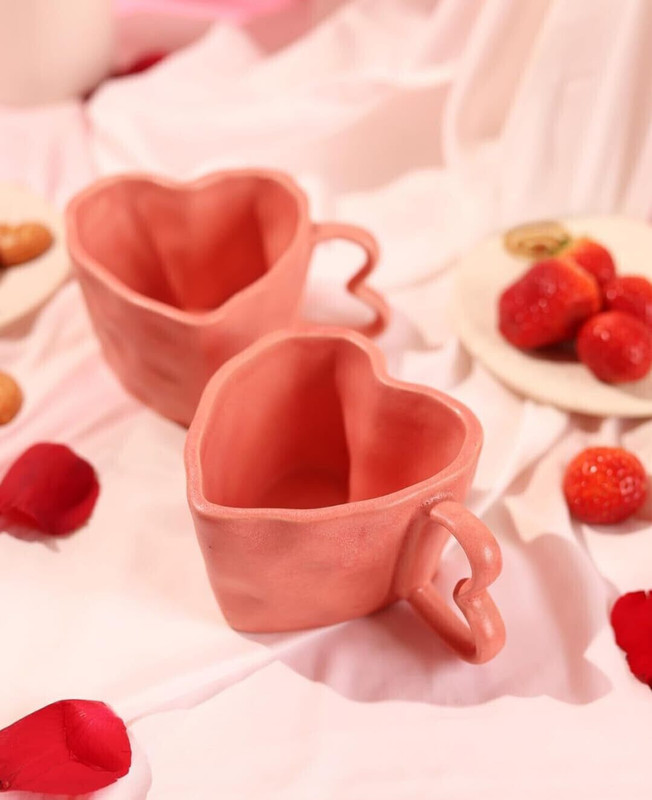 the xstore Pink Heart-Shaped Ceramic Pack of 2 - Unique Artisanal Coffee and Tea Ceramic Coffee Mug(300 ml, Pack of 2)