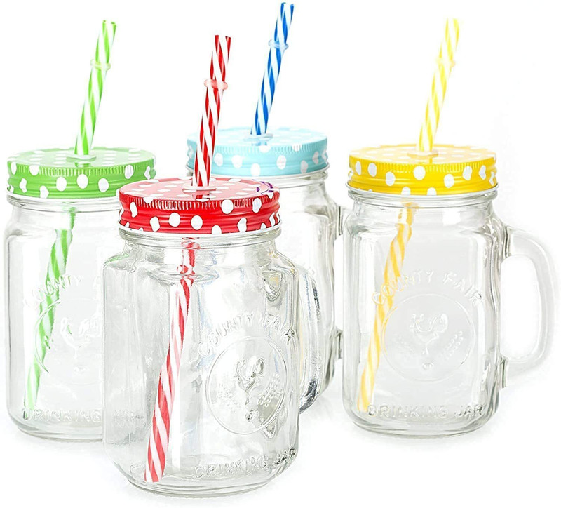 Meldique Mason Jar with Lid and Straw (Transparent, Random color, 500 ml) Glass Mason Jar(500 ml, Pack of 2)