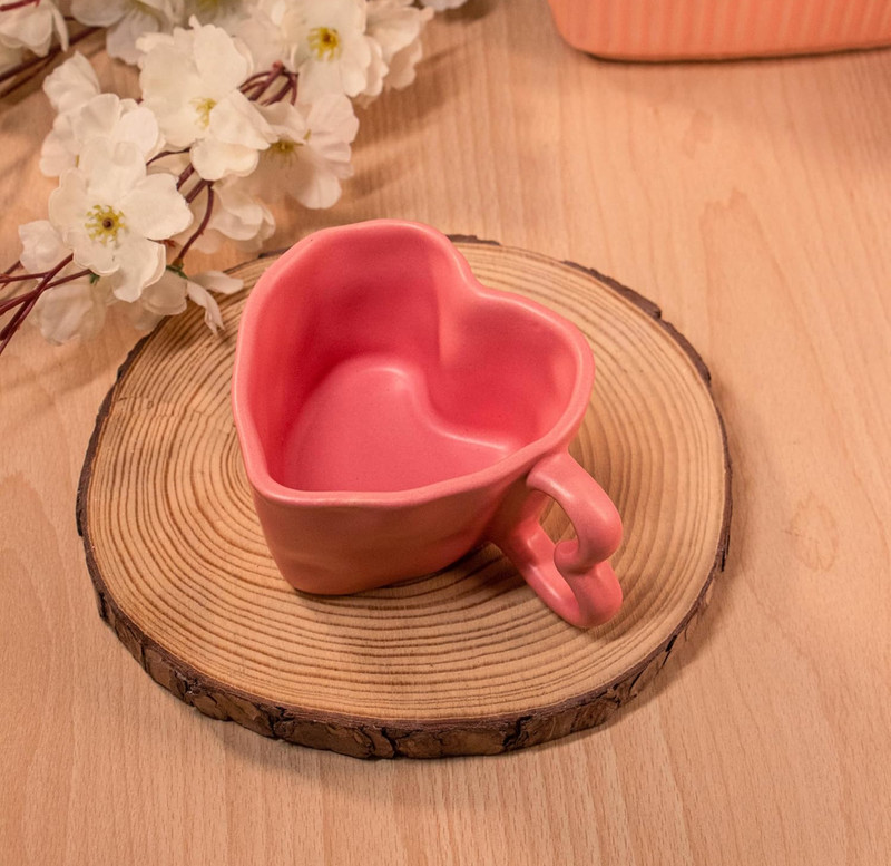 The Earthy Store Handcrafted Pink Heart-Shaped Ceramic Pack of 1 Ceramic Coffee Mug(200 ml)