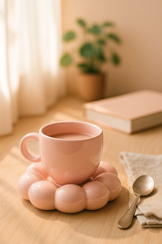 ABC Pink Ceramic Bubble Cup and Saucer Set| Aesthetic Gift Cup for tea and coffee Ceramic Coffee Mug(250 ml)