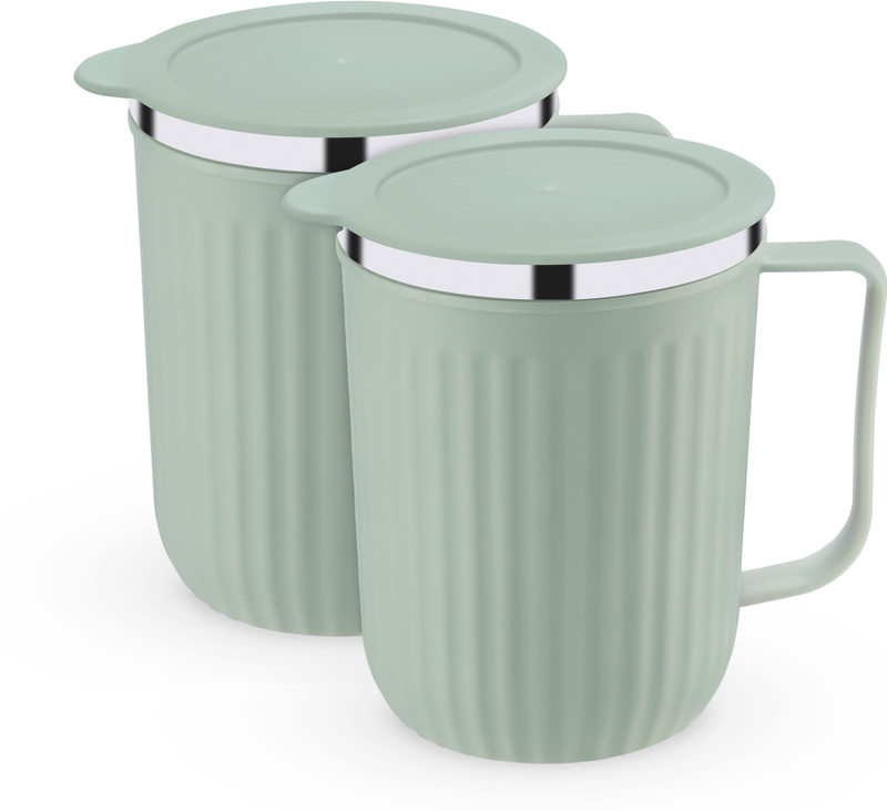Trueware Frost Unbreakable Tea Coffee Double Wall Insulated with Handle and Lid Stainless Steel, Plastic Coffee Mug(350 ml, Pack of 2)
