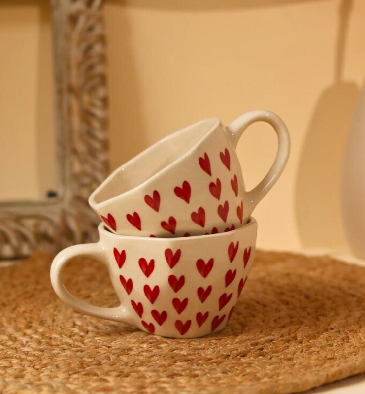 THEDECORYSTORY New Heart print Coffe (Pack of 2, Heart) Ceramic Coffee Mug(200 ml, Pack of 2)