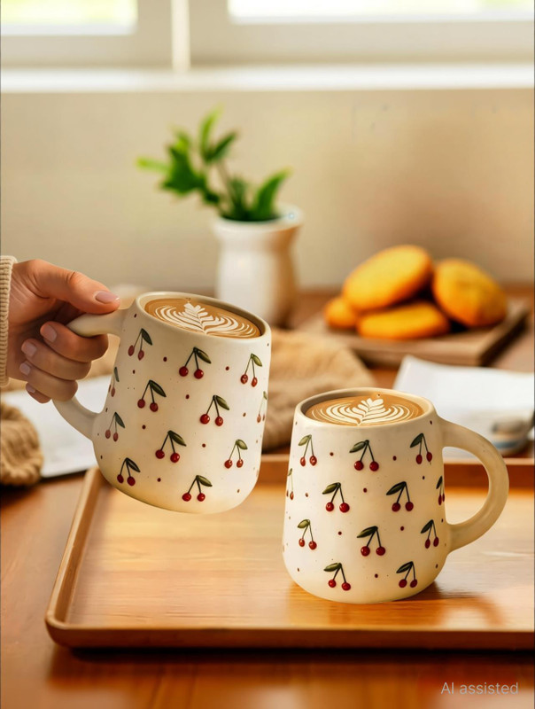 TheMoonStore Ceramic Cherry Pattern, Cream Ceramic Coffee Mug(350 ml, Pack of 2)