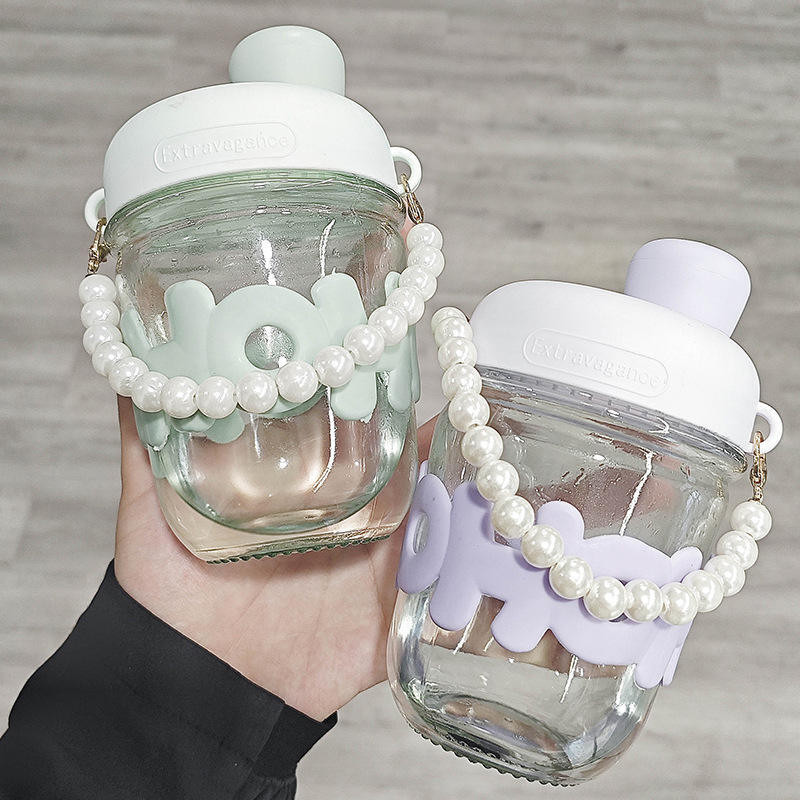 NYTK RETAIL HOHO AND MOTI SIPPER MUG Drinking Cup Glass Water Bottle Pearl Chain Handle Glass Tumbler(350 ml)