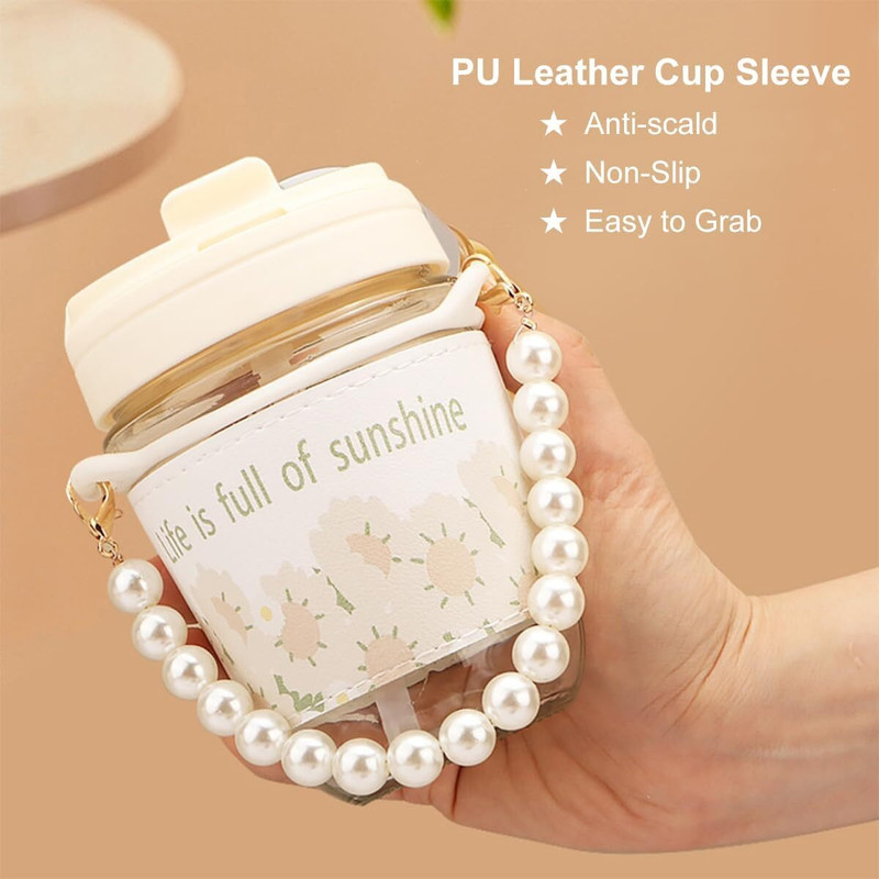 AANZIA insulated Pearls handle glass with straw Glass Coffee Mug(350 ml)