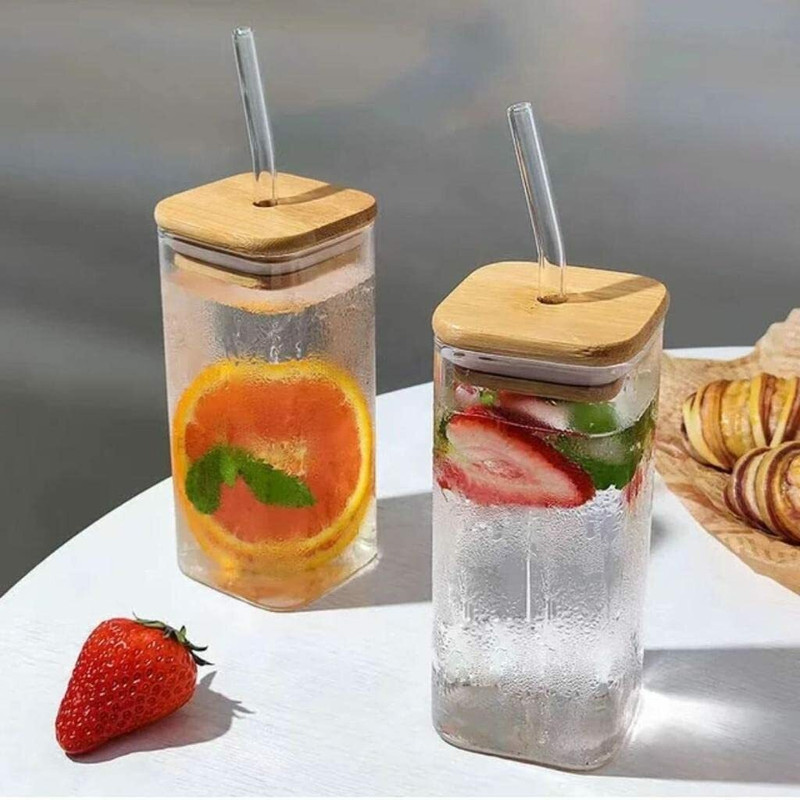 VERPHX (Pack of 2) Glass Beer Soda Tumbler Cup Coffee Fruit Juice Milk Sipper Mug Straw Tumbler Glass Beer Mug(350 ml, Glass, Clear)