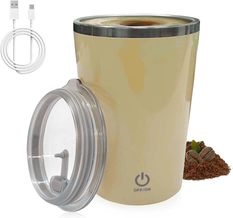 LASER ART Self Stirring Mixing Coffee Cup For Various Purpose Coffee (Yellow) Stainless Steel Coffee Mug(350 ml)