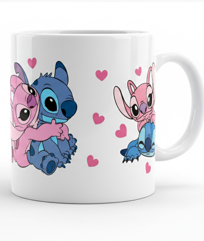 aaravgraphics Stitch & Angel 'Cuddle & Play' Couple's - Cute Romantic Gift Ceramic Coffee Mug(325 ml)